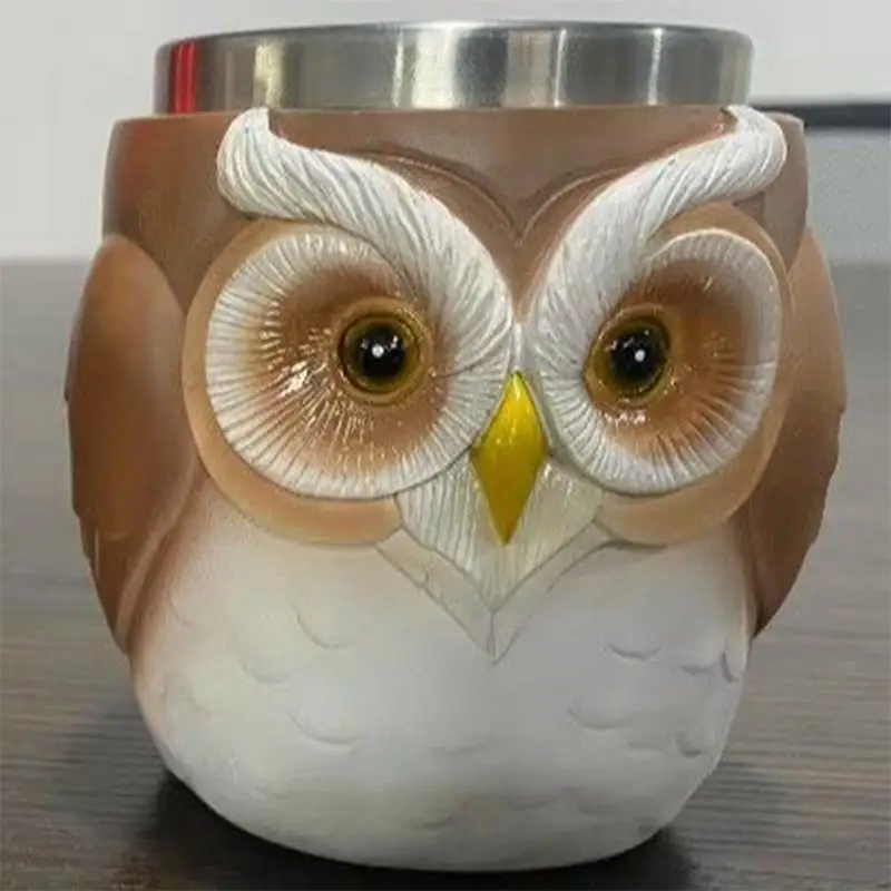 Owl Coffee Mug 3D Owl Coffee Cup Travel Mug Resin Crafts Animal Decor Stainless Steel Water Container Desk Accessories Cute