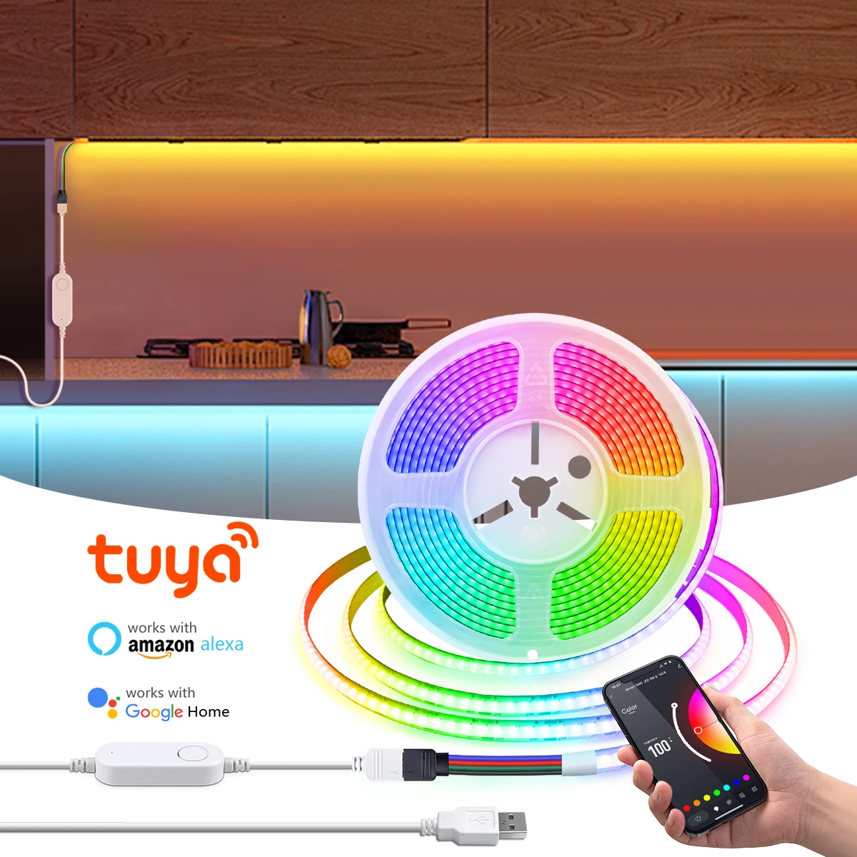 

Wireless RGB COB LED Strip Wifi USB LED Lights for Room 576leds/m For Tuya Smartlife APP Control Color Changing RGB Tape Lights