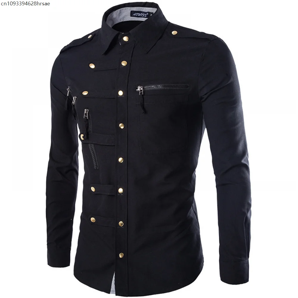

Men Shirts Tuxedo Fashion Epaulet Double Pocket Spring Long Sleeve Dress Shirt Men Slim Fit Zipper Cotton Cargo Chemise Homme