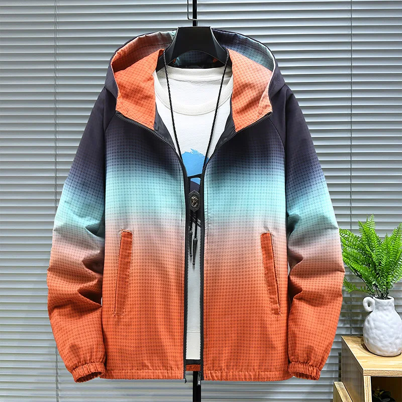 

New 2024 Spring Autumn Men's Casual Gradient Hooded Jackets Streetwear Loose Coats Youth Outdoor Windproof Parkas Top Clothing