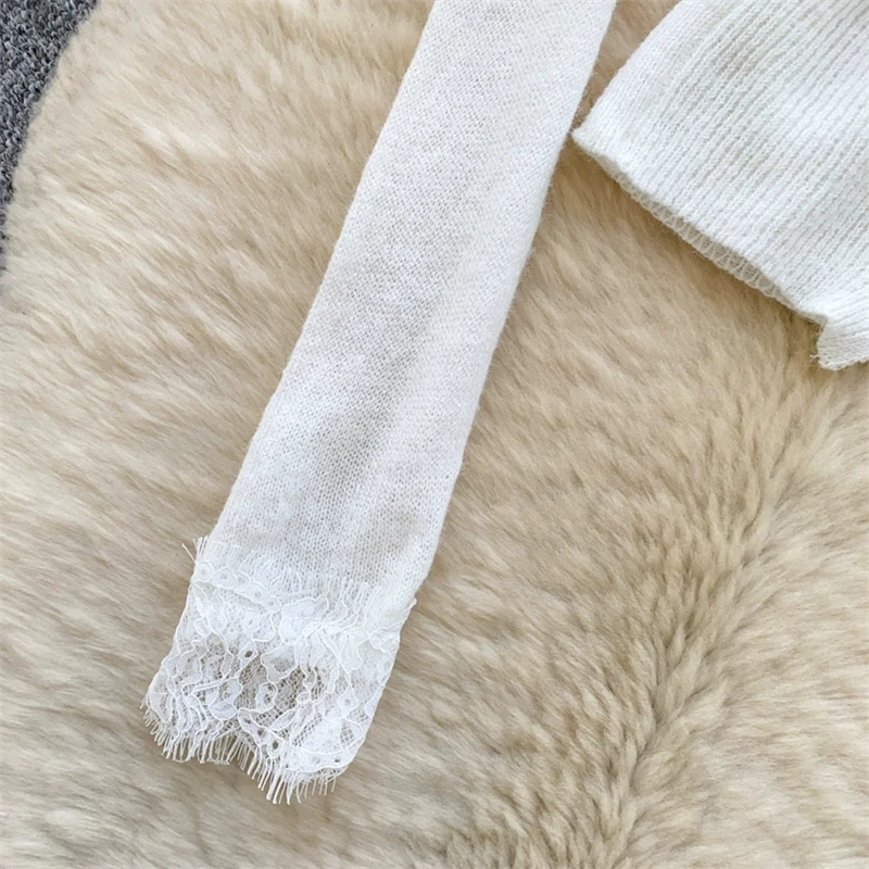 Damen-Strickoberteil mit V-Ausschnitt, Spitze, Patchwork, elastischem Stoff, elegante Oberbekleidung für Bürodamen, Herbst und Winter, gemütliches Strickoberteil SW3563 – Detail 7