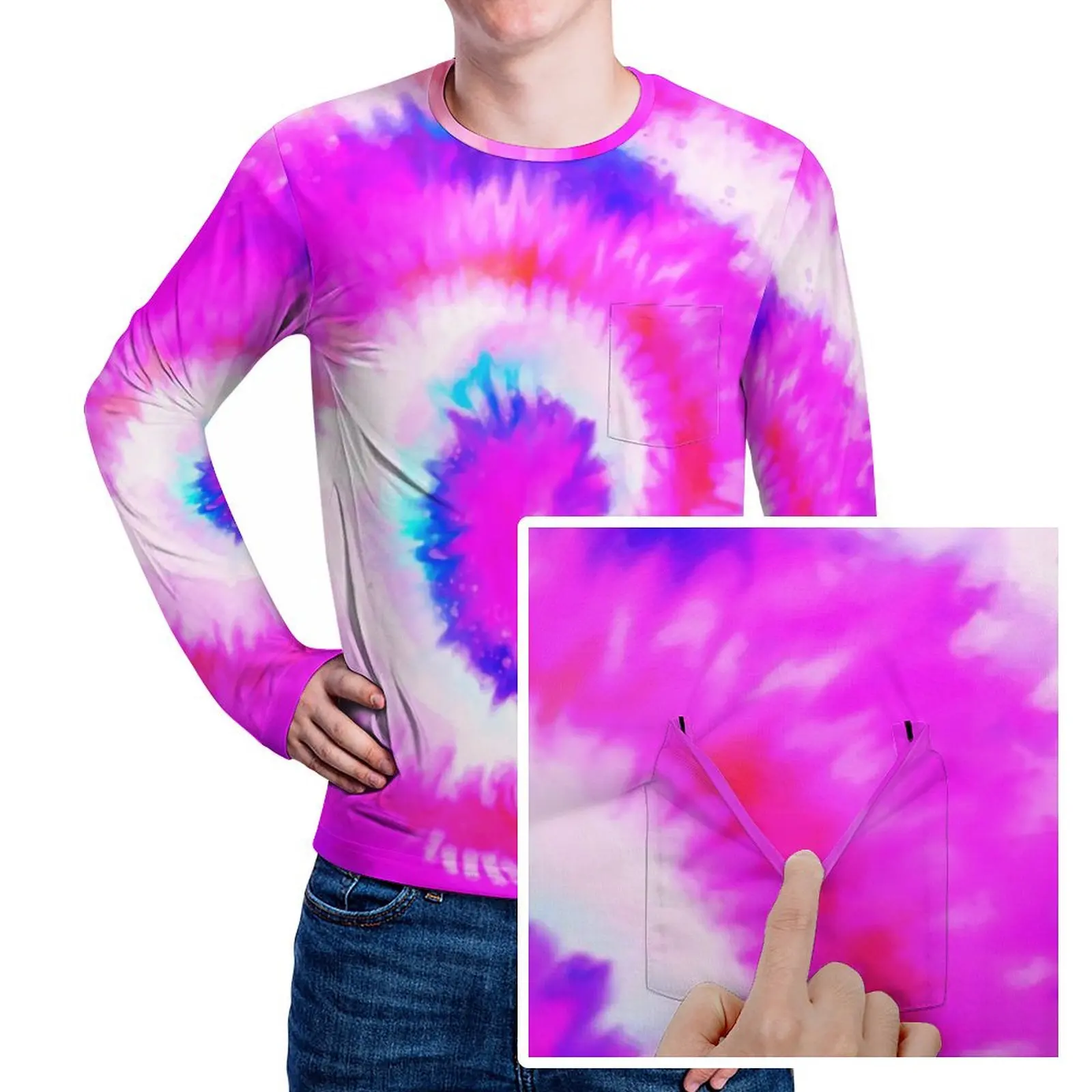 Ombre Tie Dye T Shirt Rainbow Hippy Print Men Retro T-Shirts Autumn Design Tees Long Sleeve Streetwear Plus Size Gift