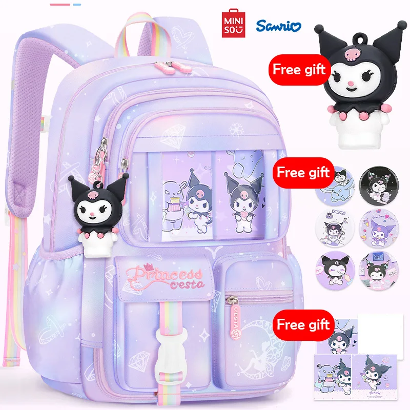 MINISO Senrio Kuromi حقيبة ظهر للطلاب ، Kawaii تقليل العبء حماية العمود الفقري حقيبة مدرسية للأطفال ، لطيف حقيبة ضوء الكرتون كتاب ، هدية فتاة