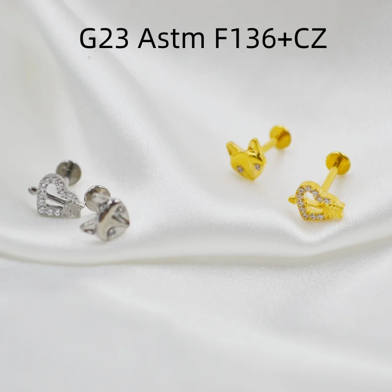 10pcs Body Jewelry 16G G23 Titanium Heart Fox Shape CZ Lip Labret Bar Ear Helix Tragus Rook Barbells Stud Piercing Jewelry Shine