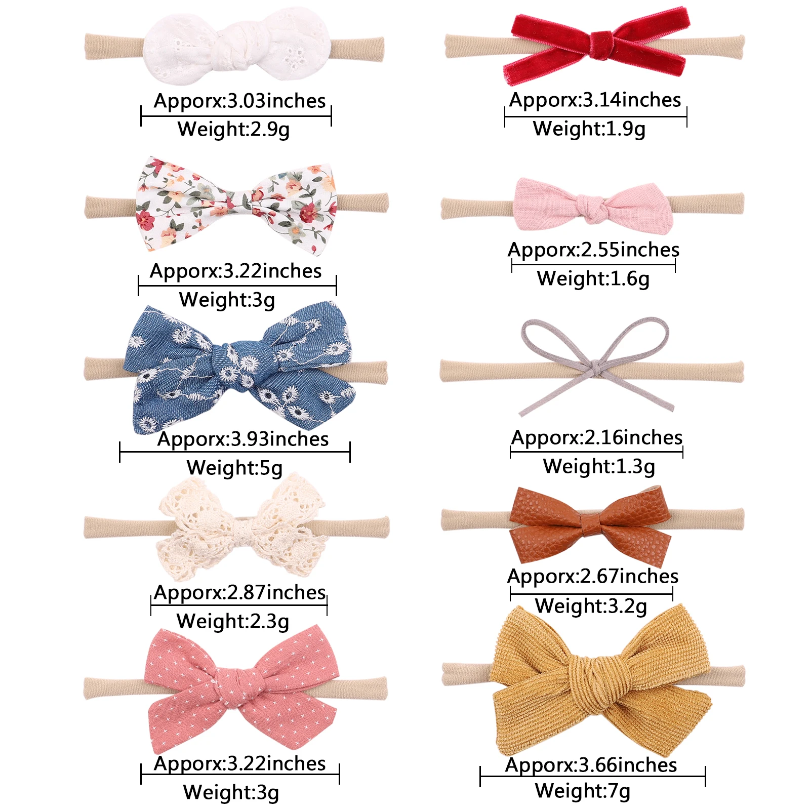 10-teiliges Baby-Stirnband-Set für Mädchen, Spitze, Blumen, handgefertigt, Leder, Schleife, elastisches Nylon, Samt, Haarschmuck für Neugeborene, Kleinkinder – Detail 7