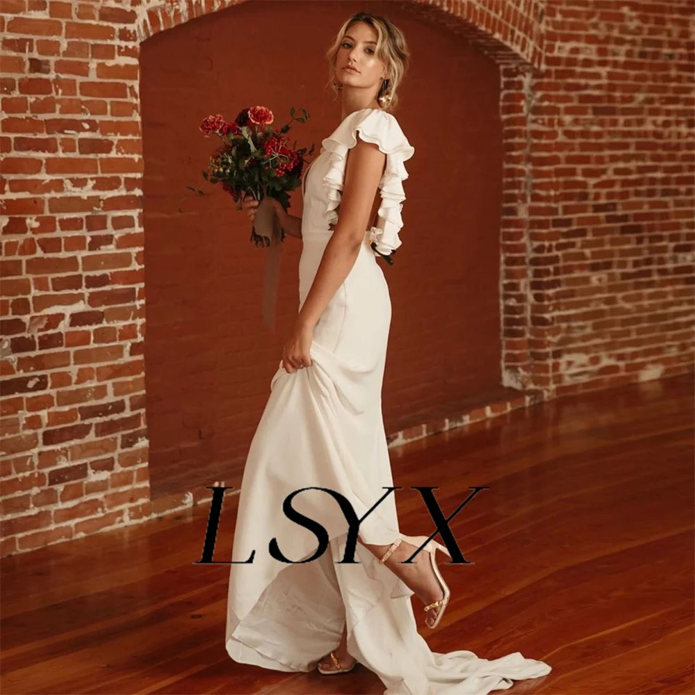 LSYX Simple Deep V-Neck Crepe Flare Sleeves Mermaid Wedding Dress For Women Open Back Court Train Bridal Gown Custom Made