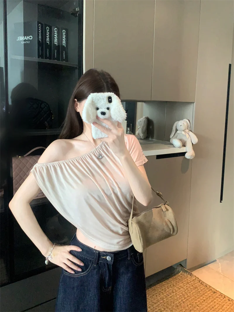 

Sexy Chic Shoulder T-Shirt Women's Summer Slimming New Style Short Sleeve T-Shirt Trendy Personality Kumikumi Spicy Girl Style