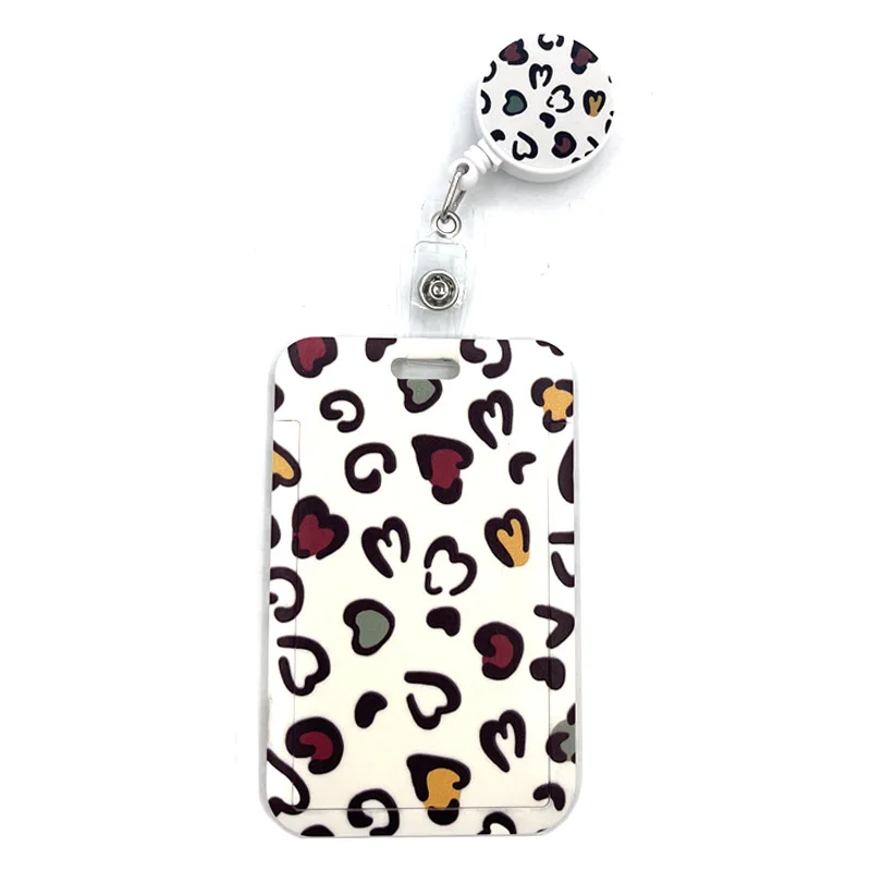 White leopard print Cute Card Cover Clip Lanyard Retractable Student Nurse Badge Reel Clip Cartoon  Card Holder