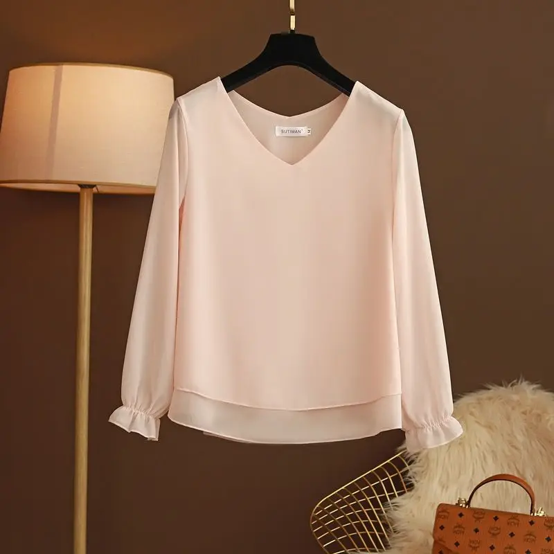 2024 Frühling Herbst neue Frauen Langarm Chiffon Bluse V-Ausschnitt Chiffon Shirt weibliche Loos übergroße Damen Tops Blusa Mujer