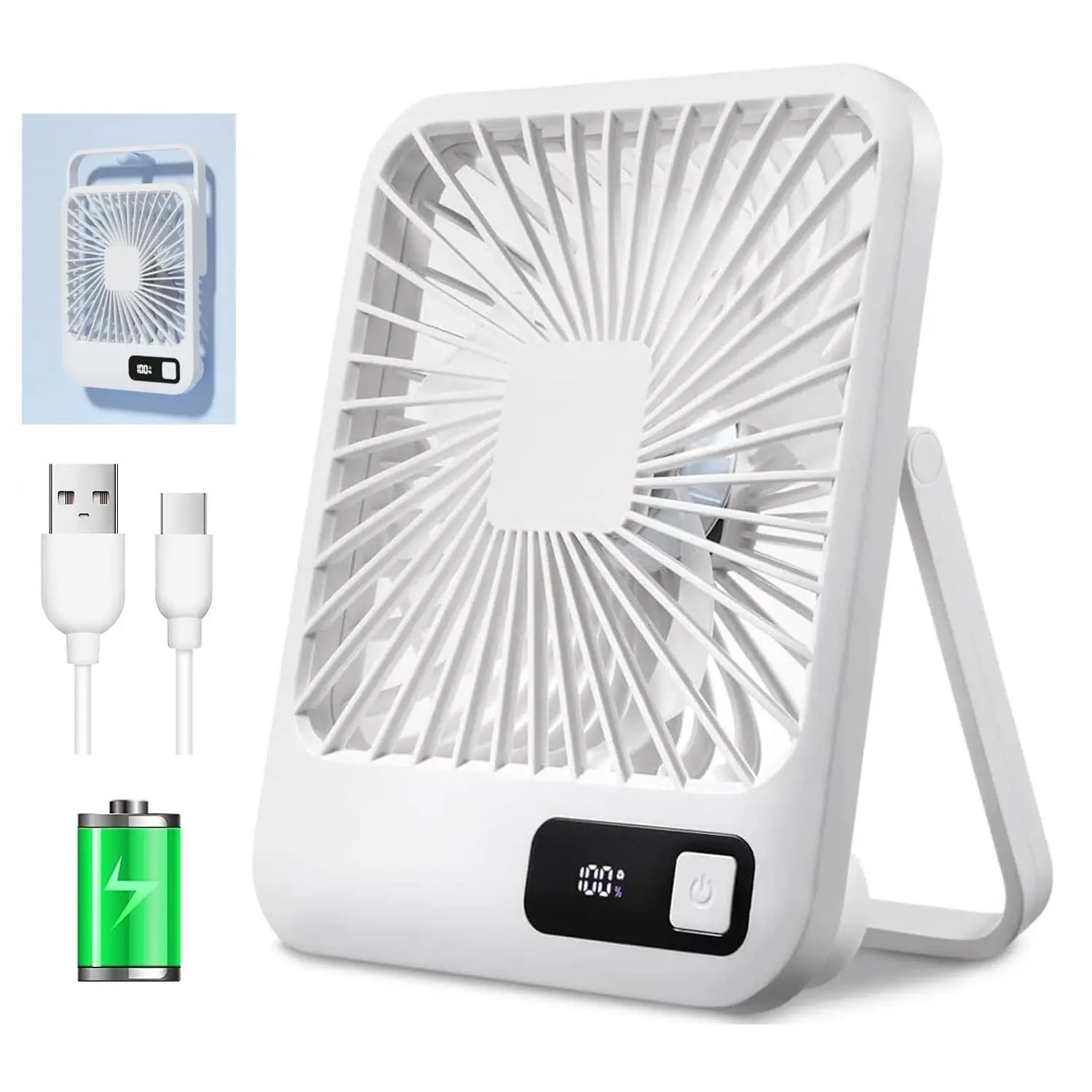 

3000 мАч USB перезаряжаемый складной портативный настольный вентилятор с 7-часовым таймером, тихий дисплей мощности для домашнего офиса, путешествий на открытом воздухе