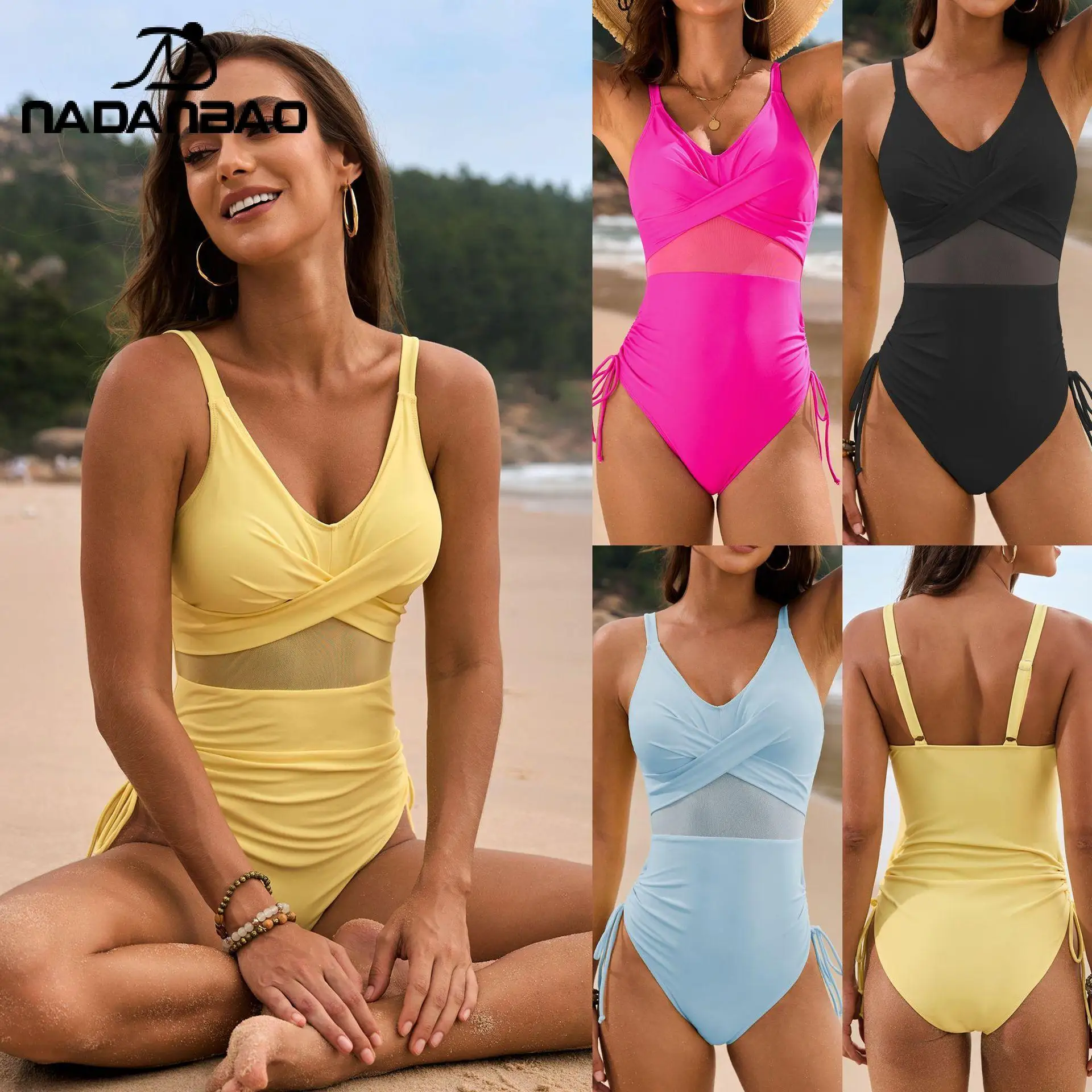 

Новый однотонный женский слитный купальник Nadanbao с сетчатыми вставками и завязками, без рукавов, сексуальный, быстросохнущий, для пляжа