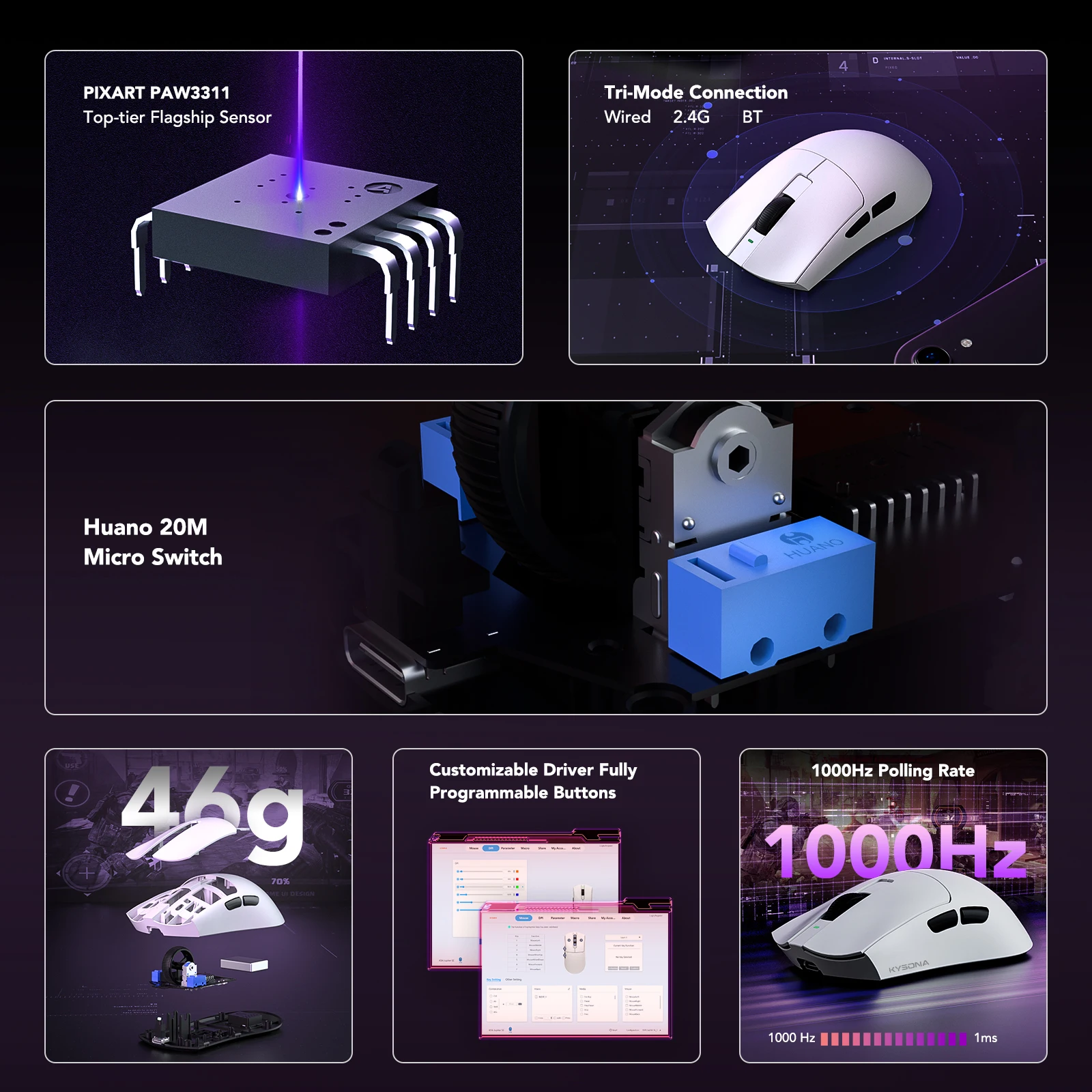 KYSONA Jupiter SE ماوس ألعاب لاسلكي بلوتوث الفئران PAW3311 الاستشعار 24000 ديسيبل متوحد الخواص خفيفة الوزن 46 جرام للأيدي الكبيرة ألعاب الكمبيوتر المحمول
