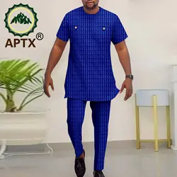 APTX – costume africain pour hommes, ensemble 2 pièces, chemise à manches courtes + pantalon complet, décontracté, Abaya, matériau Polyester, TA2316006