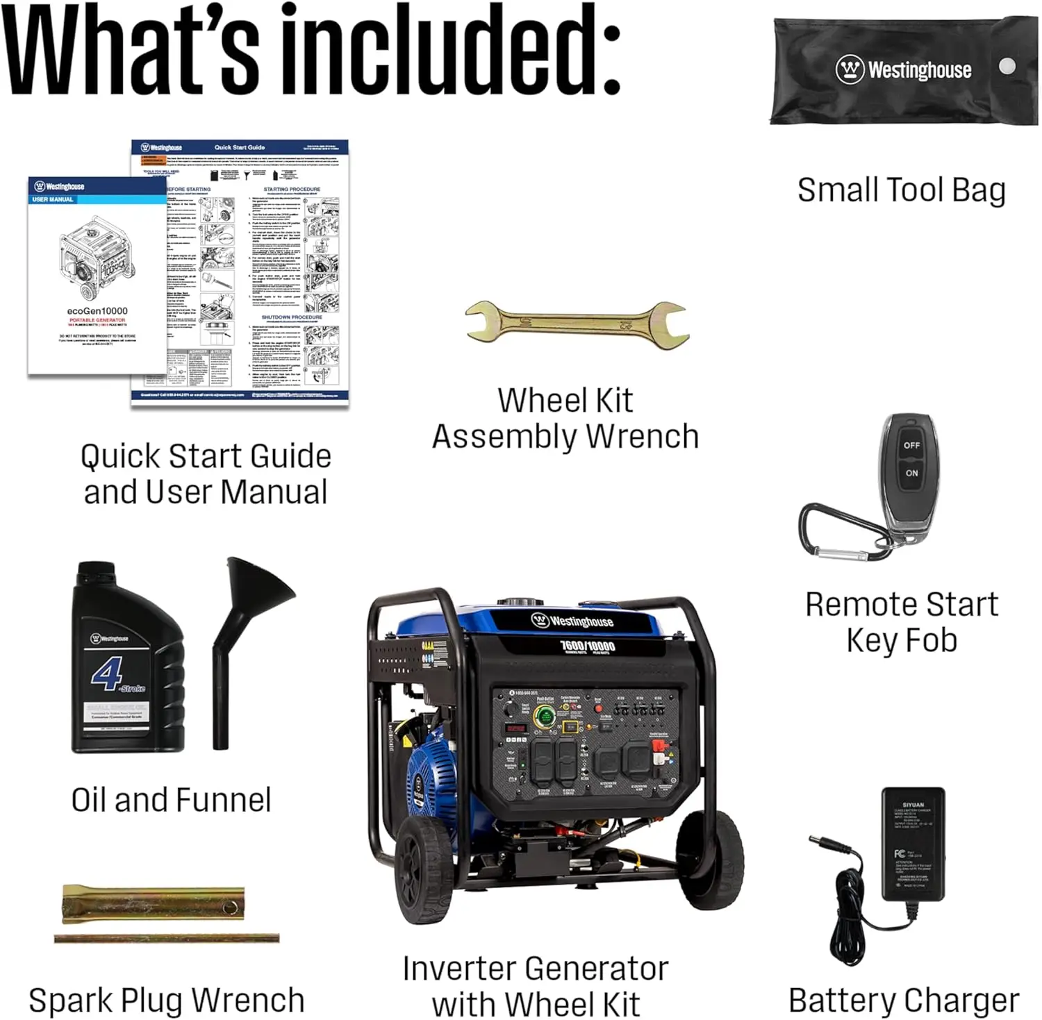 Draagbare invertergenerator van 10.000 piekwatten met open frame, elektrische start op afstand met automatische choke, klaar omschakelaar, CO-sensor