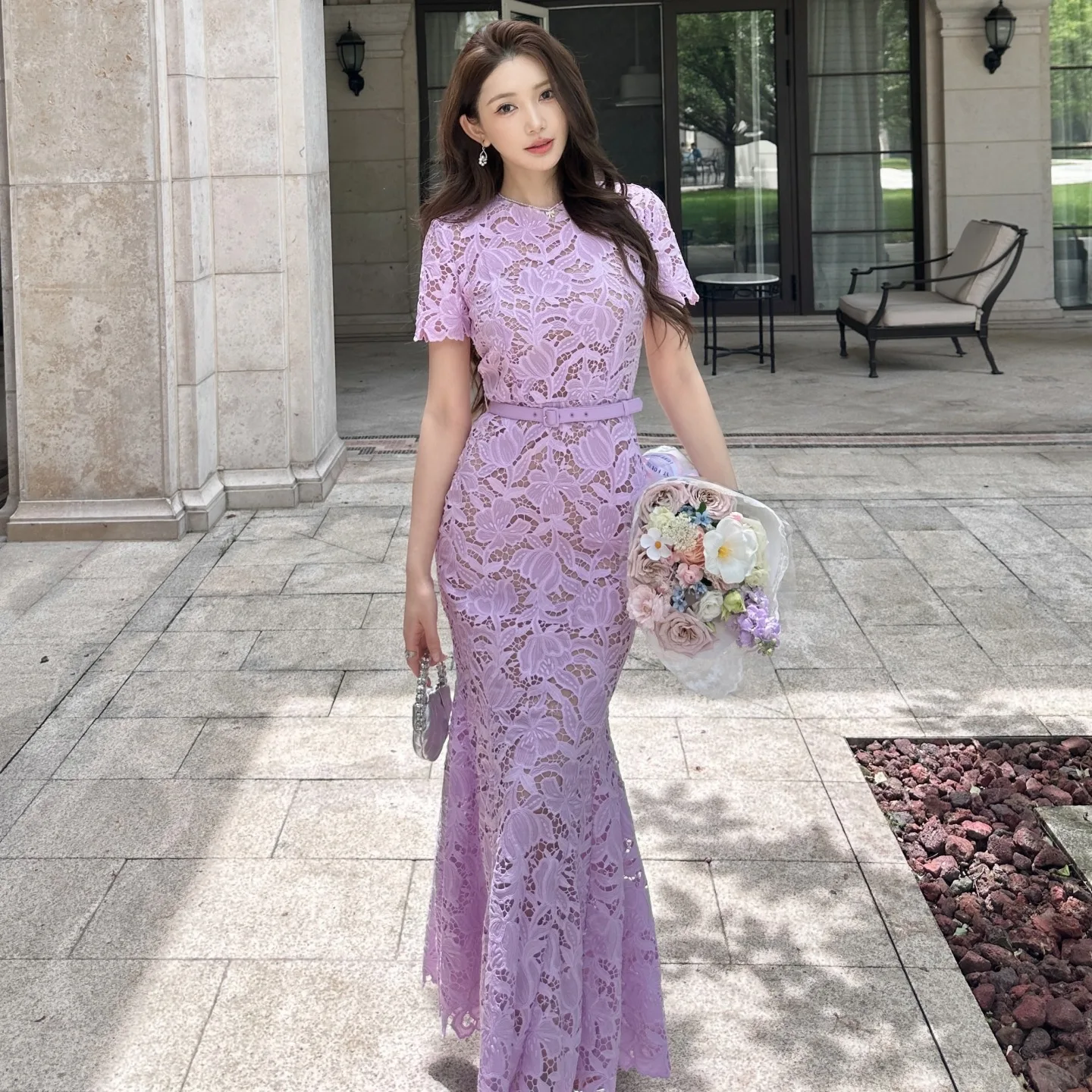 2026 Summer New French Style Purple Laser Embroidery Lace Elegant Slim-fit Short-sleeve Mermaid Dress For Elegant Look