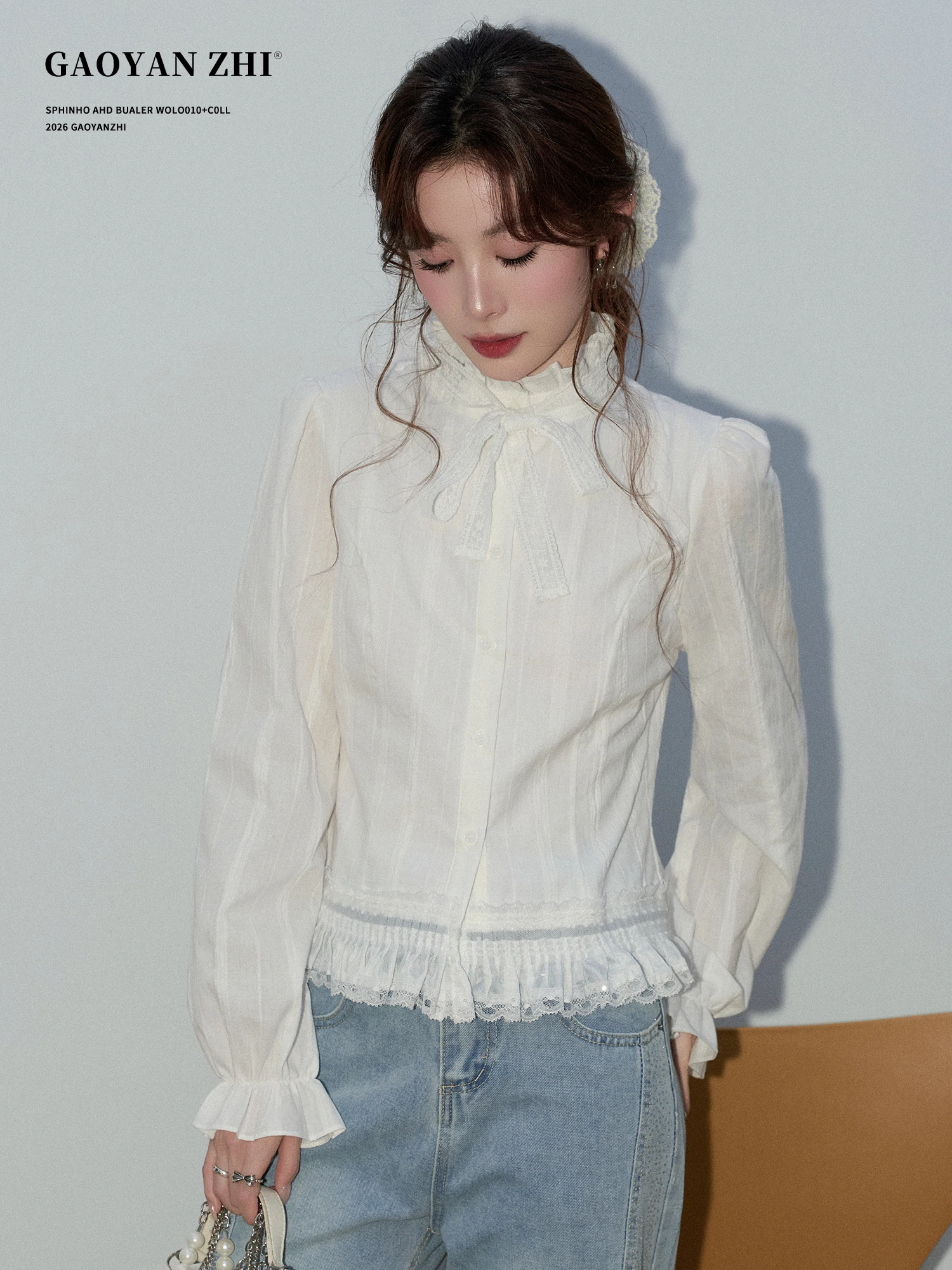 

Элегантная женская блузка с воротником-стойкой, рукавами-фонариками и кружевной отделкой, дышащая, с длинным рукавом, весна-лето