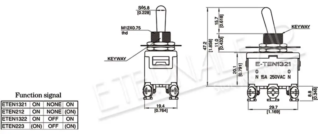 Wysokiej klasy E-TEN223 jakość srebrny kontakt DPST 12MM 16A 250V AC (ON)-OFF-(ON) 6 Pin Reset Rocker przełącznik suwakowy wodoodporny