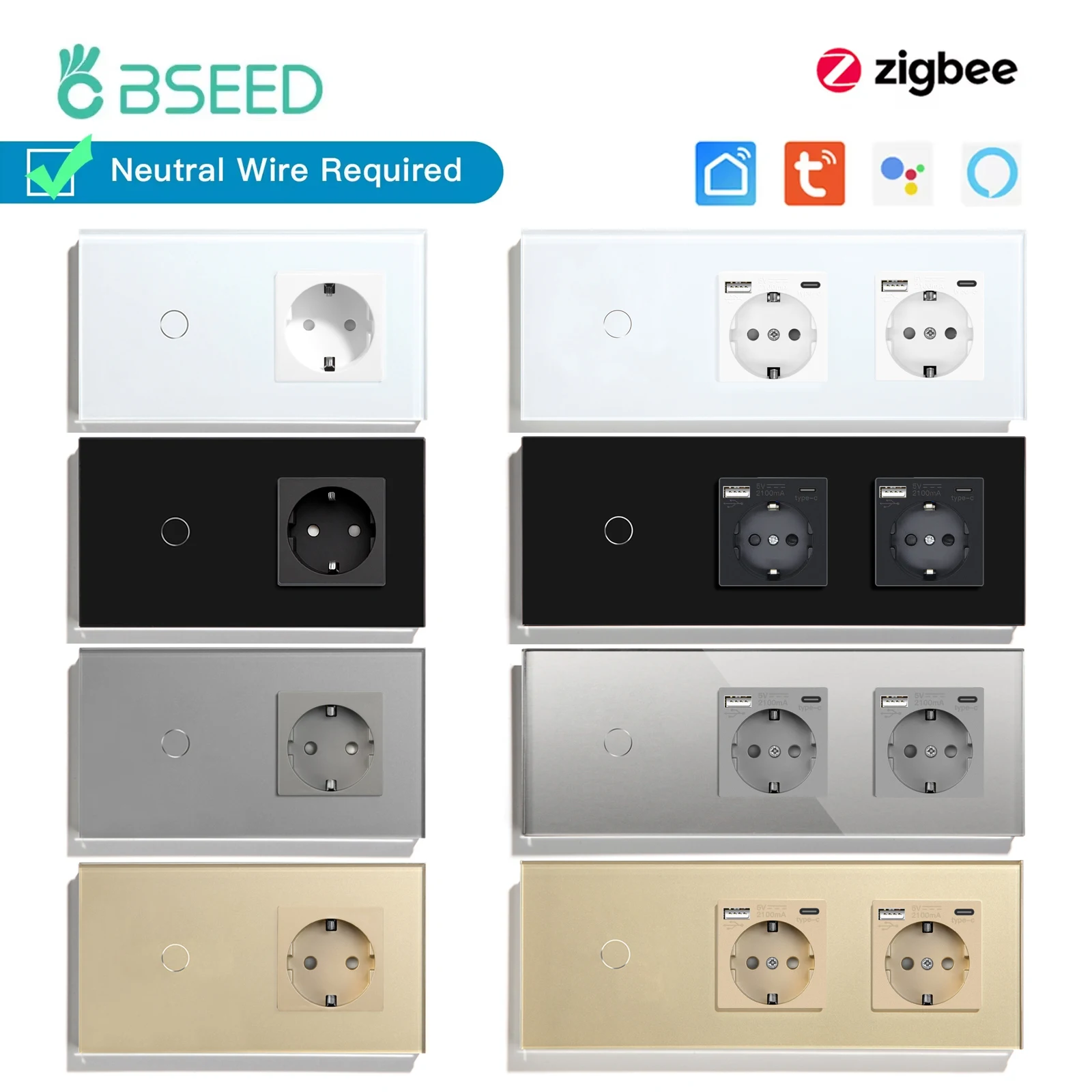 

BSEED Zigbee 1Gang Light Switches 1/2/3Way Tuya Smart Life App Control Plus EU Socket USB Type-c Power Outlets Glass Panels