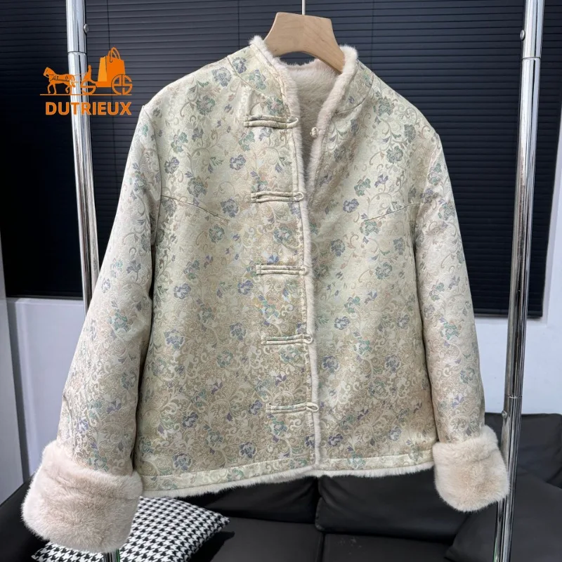 New Winter Reversible Fur Coat for Women, 100% Suede, Fashionable Travel Office Warm Buttoned Floral Coat Fur Jacket for Women