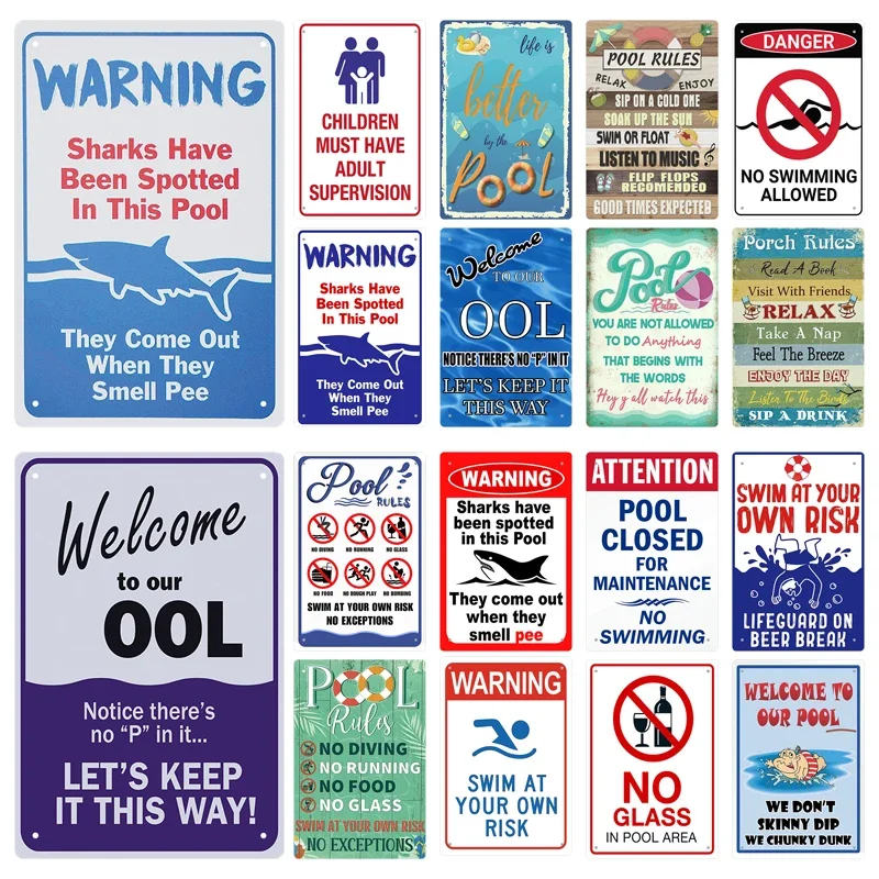 Tin Sign Pool Funny Rules Vintage Plaque Welcome Warning No Swimming Instruction Metal Sign For Home Pool Store Club Wall Decor