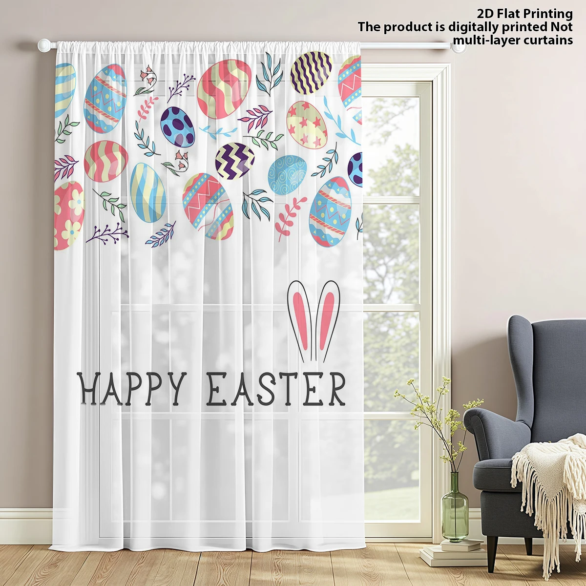 1 Pc Happy Easter Cute Egg Rabbit Sheer Curtain - Translucent, Light Reducing, Privacy Protection, Rod Pocket, for Living Room