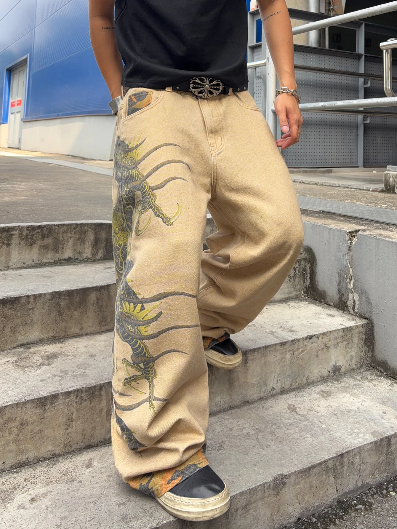 American Vintage Dragon Print Design Loose Wide-Leg Jeans Y2K Trendy Street Hip-Hop Versatile Long Pants With Halloween Vibes