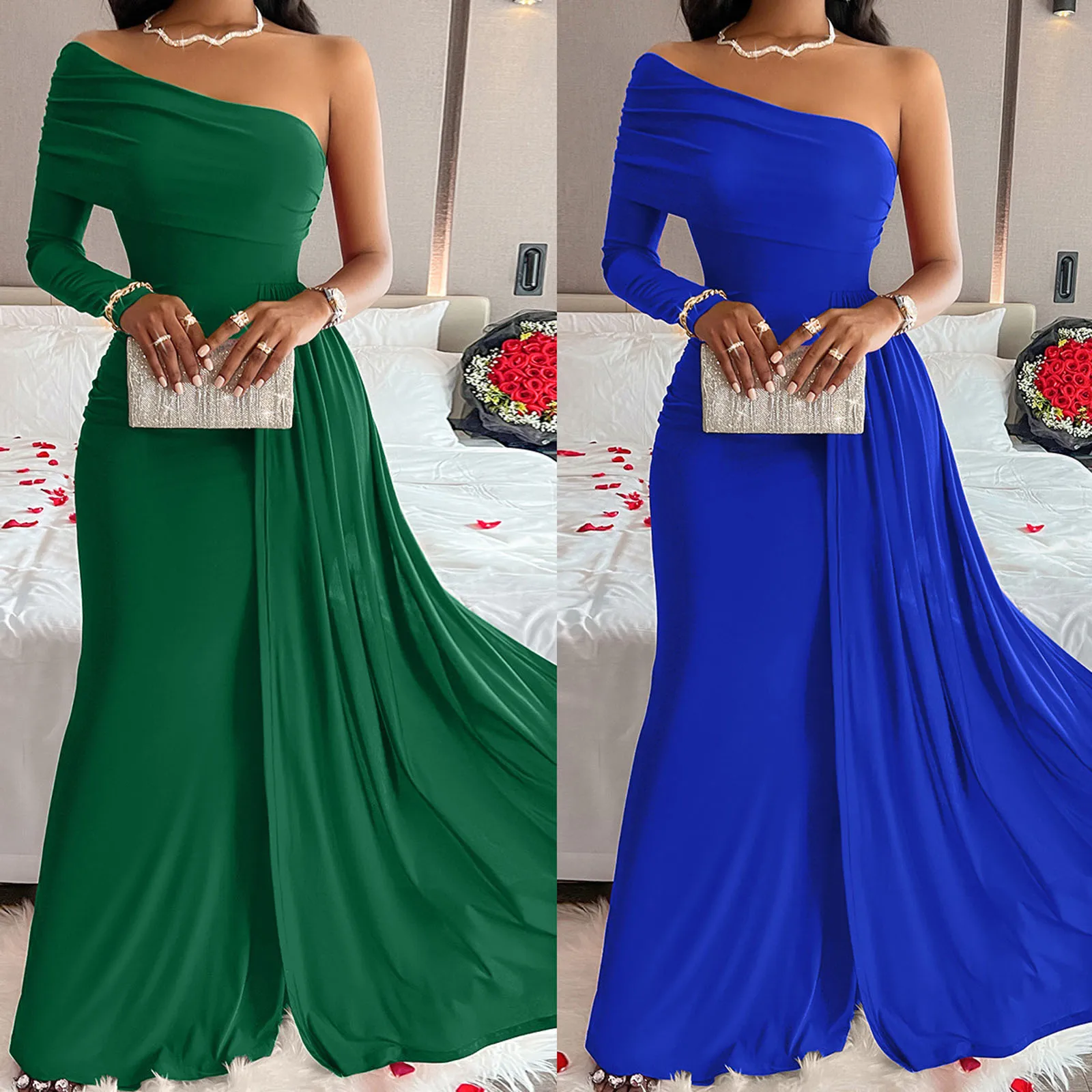 فستان سهرة رسمي بكتف واحد للنساء بشريط أنيق لحفلات الزفاف فستان ماكسي للضيوف ملابس نسائية بلاكلي نسائي 2025
