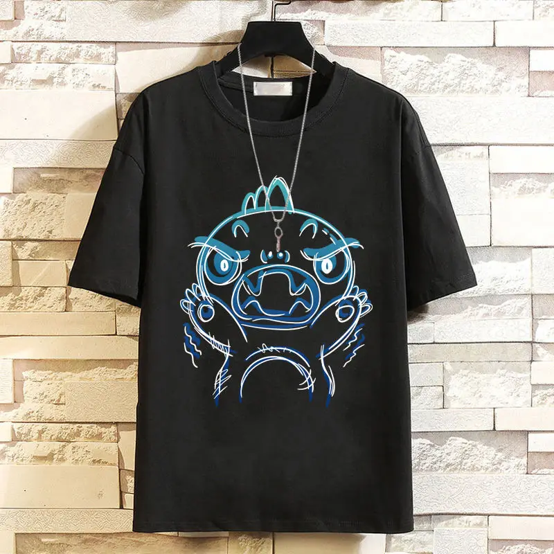 

Anime Game Short T-Shirt For Men Summer Small Dinosaur Loose Fit Plus Size Five-Quarter Sleeve Top Student Base Shirt Round Neck