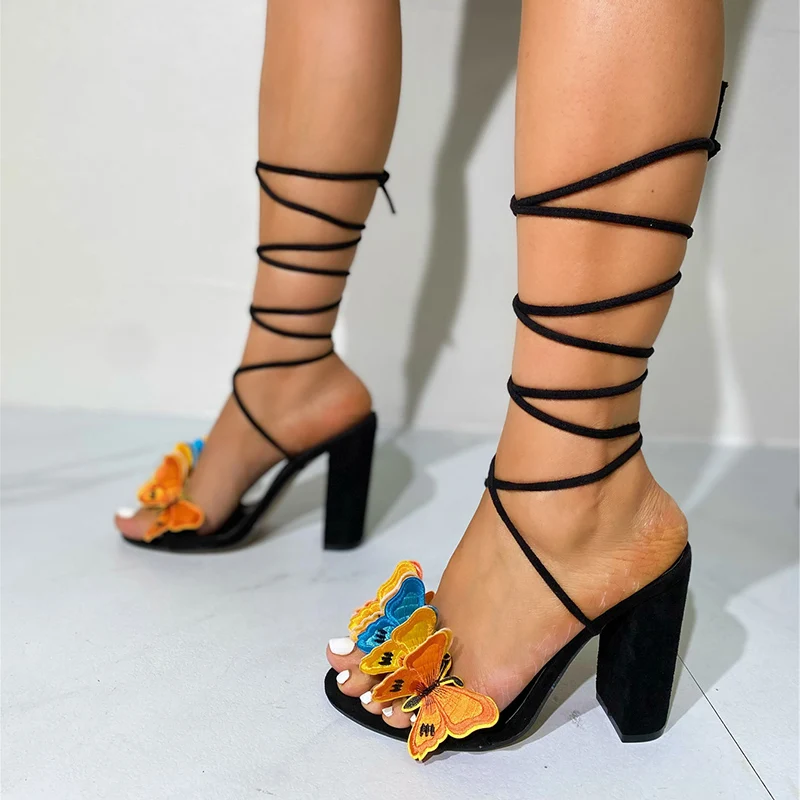 Kcenid Women's Summer Cross Strap Sandals Handmade Embroidery Butterfly Open Toe Elegant Chunky High Heels Pumps Black Size 42