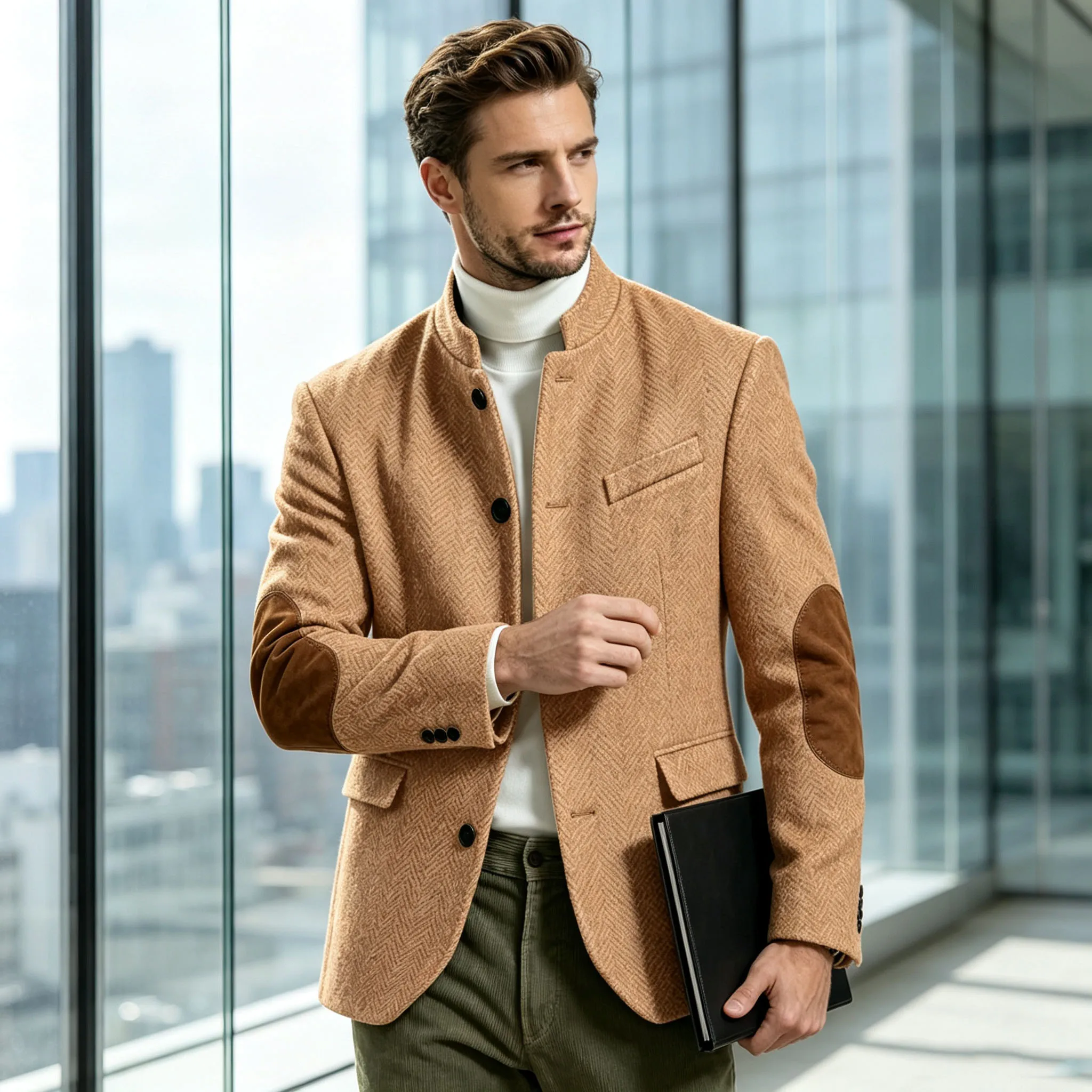 Vintage Men's Herringbone Blazer Stand Collar Suede Elbow Patch Suit Jacket Slim Fit Wool Blend Sport Coat Business Casual Party