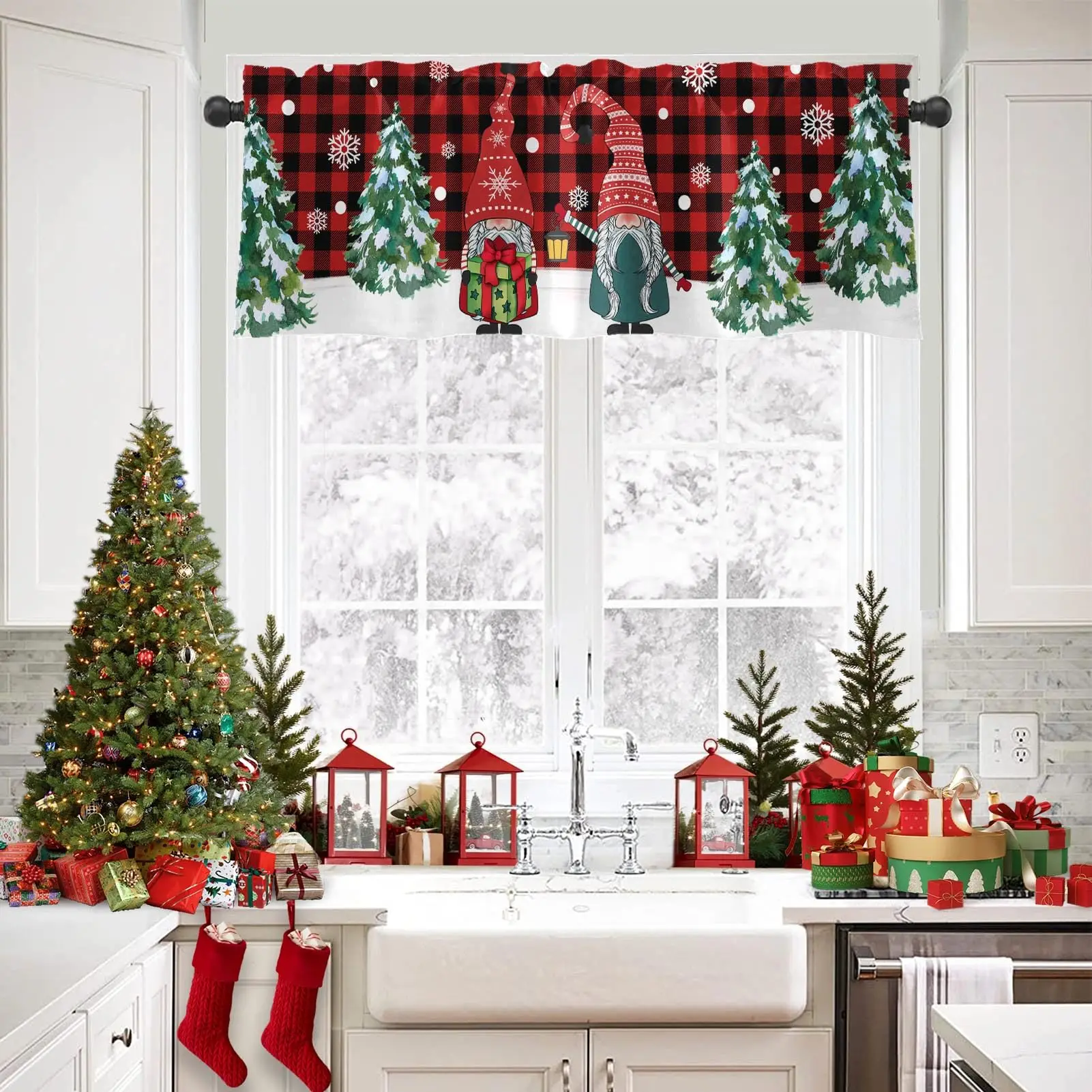 4 Pack Valances Window Treatments, Christmas Curtain Valances for Windows Living Room Kitchen Sink Above, Rod Pocket Valances