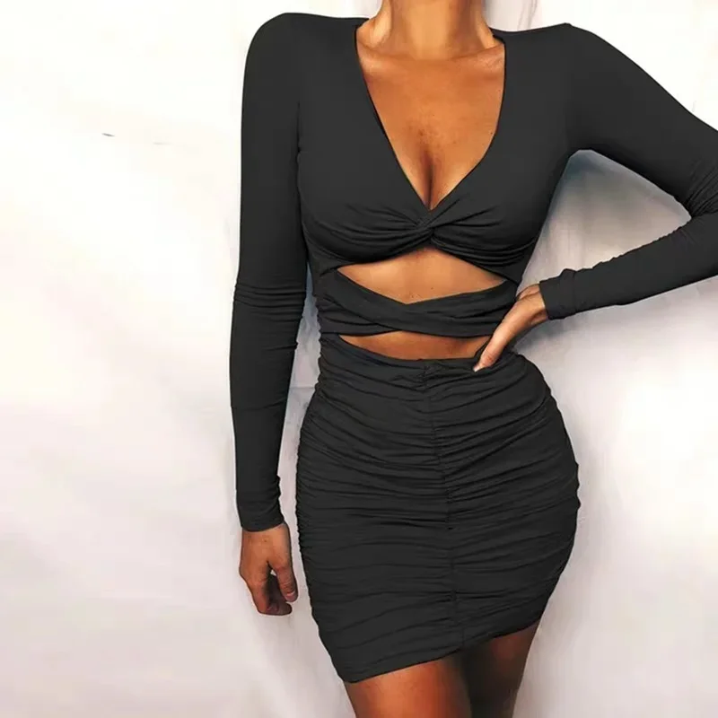 

Women's Long Sleeve Elastic Thin Mini Dress Sexy Bodycon Party Wear Women Vestidos Dress Women's V-neck Hollow Ruffle Dress