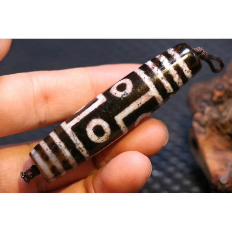 

Energy Tibetan Old Agate Cinnabar Dots 6 Eye 8 Line Long dZi Bead Amulet Pendant