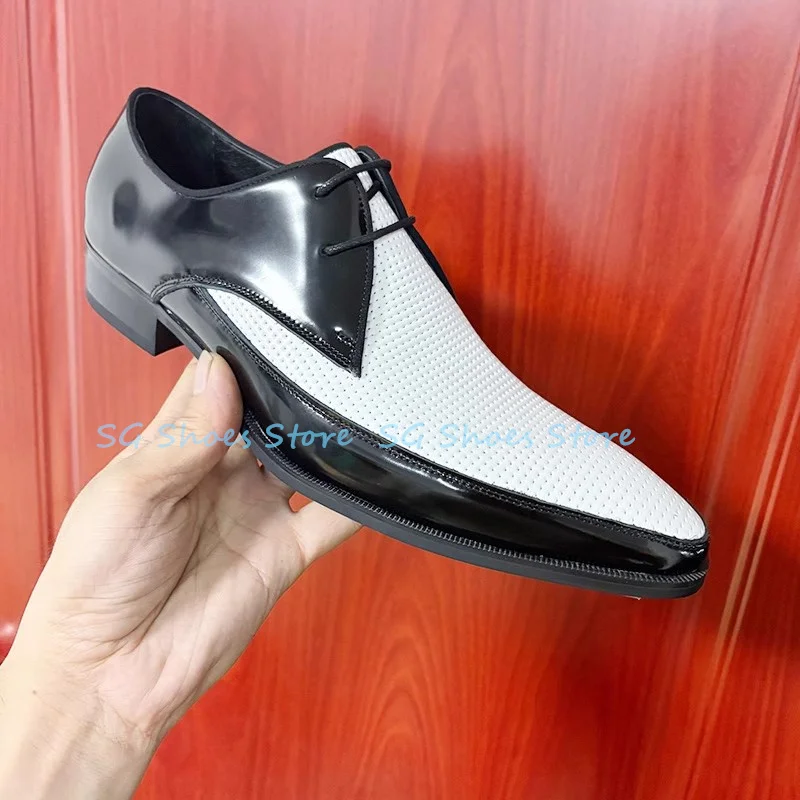 

Male Business Loafers Black and White Splicing Lace-Up Oxfords Handmade Breathable Pointed Toe Chunky Heel Derby Shoes for Men