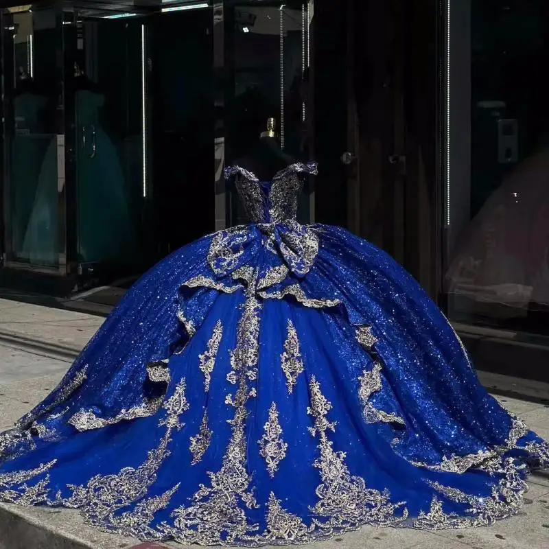 Customized Royal Shiny Blue Princess Dresses Prom Ball Gown Vestido De Quinceanera Gold Appliqued 15 Masquerade Dress