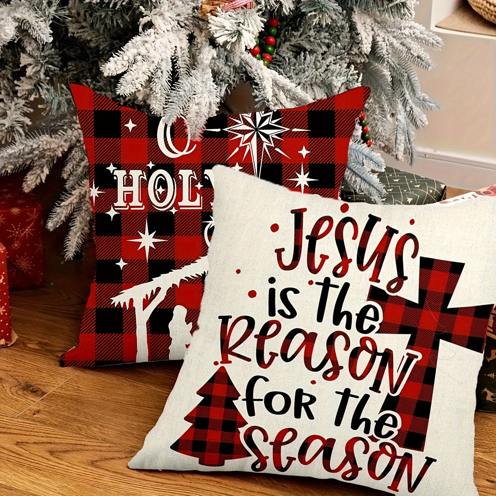 Red & Black Buffalo Check with Holiday Quotes & Snowflake Designs,Zip Closure - Ideal for Sofa, Terrace No Insert Included