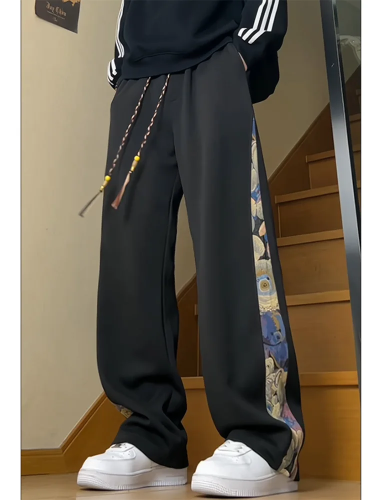 

Spring Autumn Men's Bear Patchwork Wide Leg Sports Casual Trousers Youthful Sle Comfortable Loose Fit Anti-Wrinkle