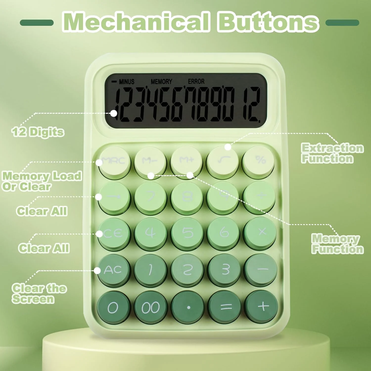 Calculatrice à bouton-poussoir mécanique, grand écran LCD à 12 chiffres, gros boutons, utilisation facile à presser comme calculatrices de bureau, bouts