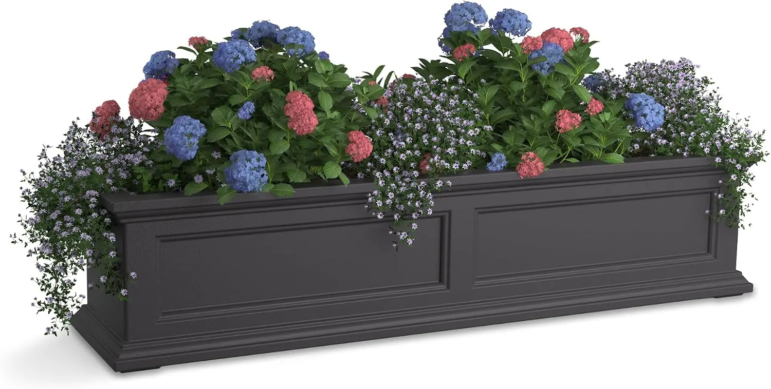 Self Watering Rectangular Window Box Planter 48 Inch Outdoor Flower Deck Railing Container Box Weather Resistant Mounted Plant Pot With Brackets Built In Overflow System Gray