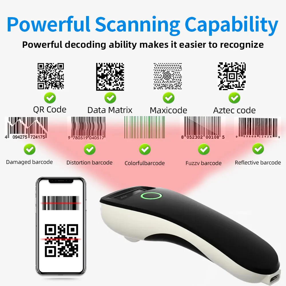 Scanner de codes-barres HBA-W6 sans fil 1D/OJ CMOS Scanner USB Bluetooth Mini lecteur QR de poche IOS Android Windows pour le paiement mobile