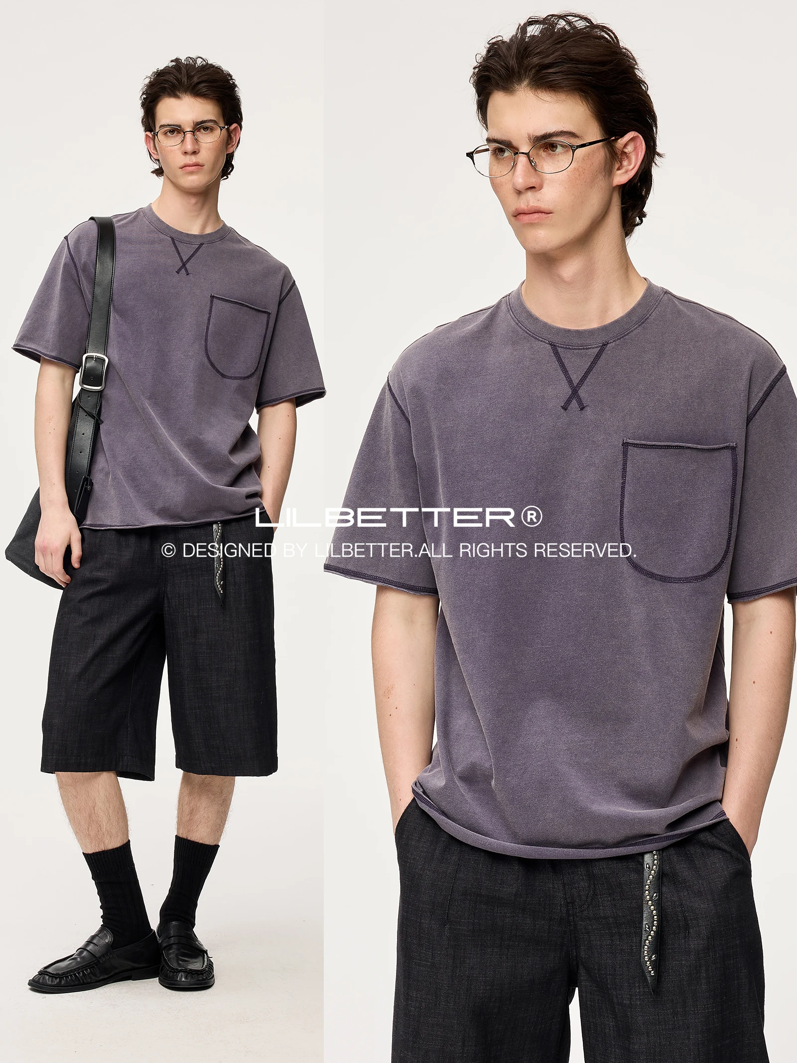 Lilbetter Vintage Washed Cotton Wax Dye T-Shirt Short Sleeve Contrast Color Plain Stitched Cuffed Hem Casual Urban Fashion