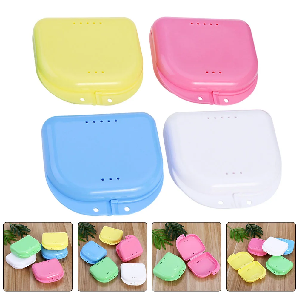 

4pcs Dental Retainer Box Portable Orthodontic Case With Mirror Small Denture Container For Braces Storage Retainer Case Denture
