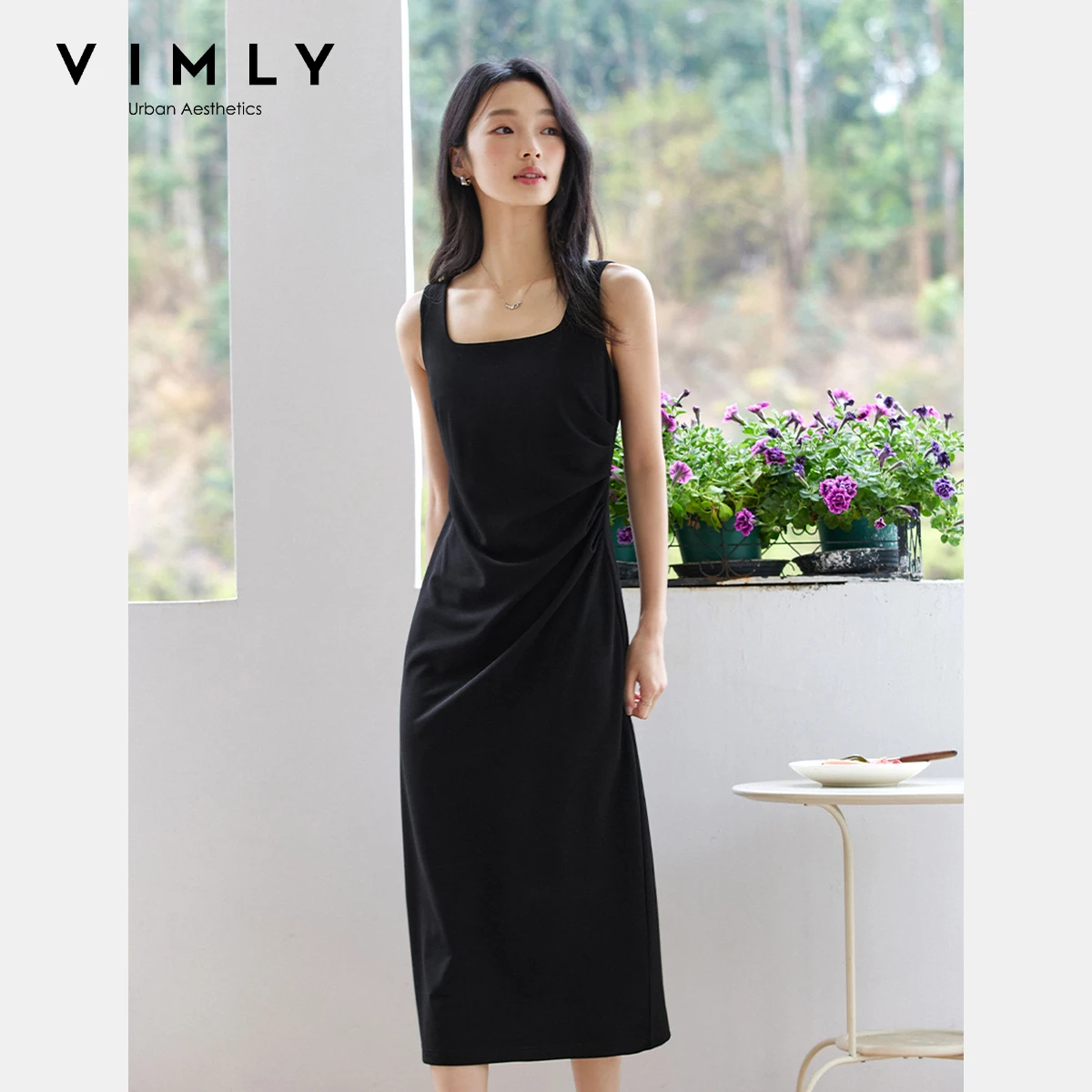 

VIMLY Women's Office Strap Long Dress 2025 Summer Square Neck Sleeveless Party Evening Dress Female Simple Casual Sundress A1718