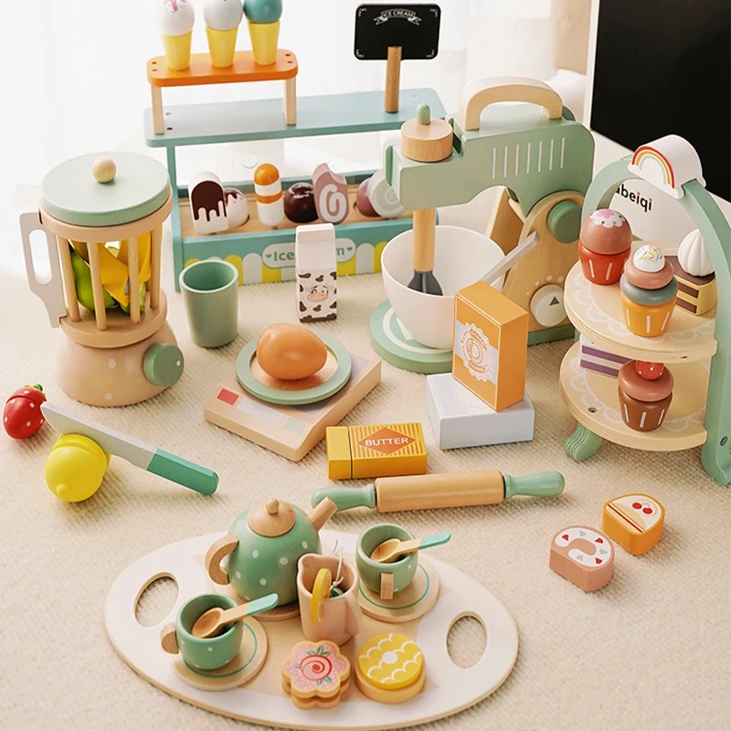 Holz Pretend Play Küche Spielzeug Kaffeemaschine Entsafter Mixer Eis Kuchen Tee-Set Spielzeug Kinder Spielen Haus Spielzeug für Mädchen Kinder