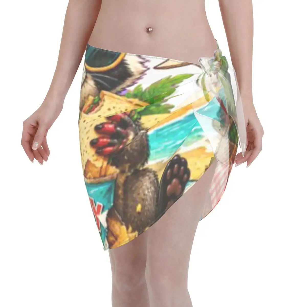 

Promotion Raccoon Saving Snacks From Seagulls Women's Beach Wrap SkirtWater Sport Break Outfit Women Beach Skirt