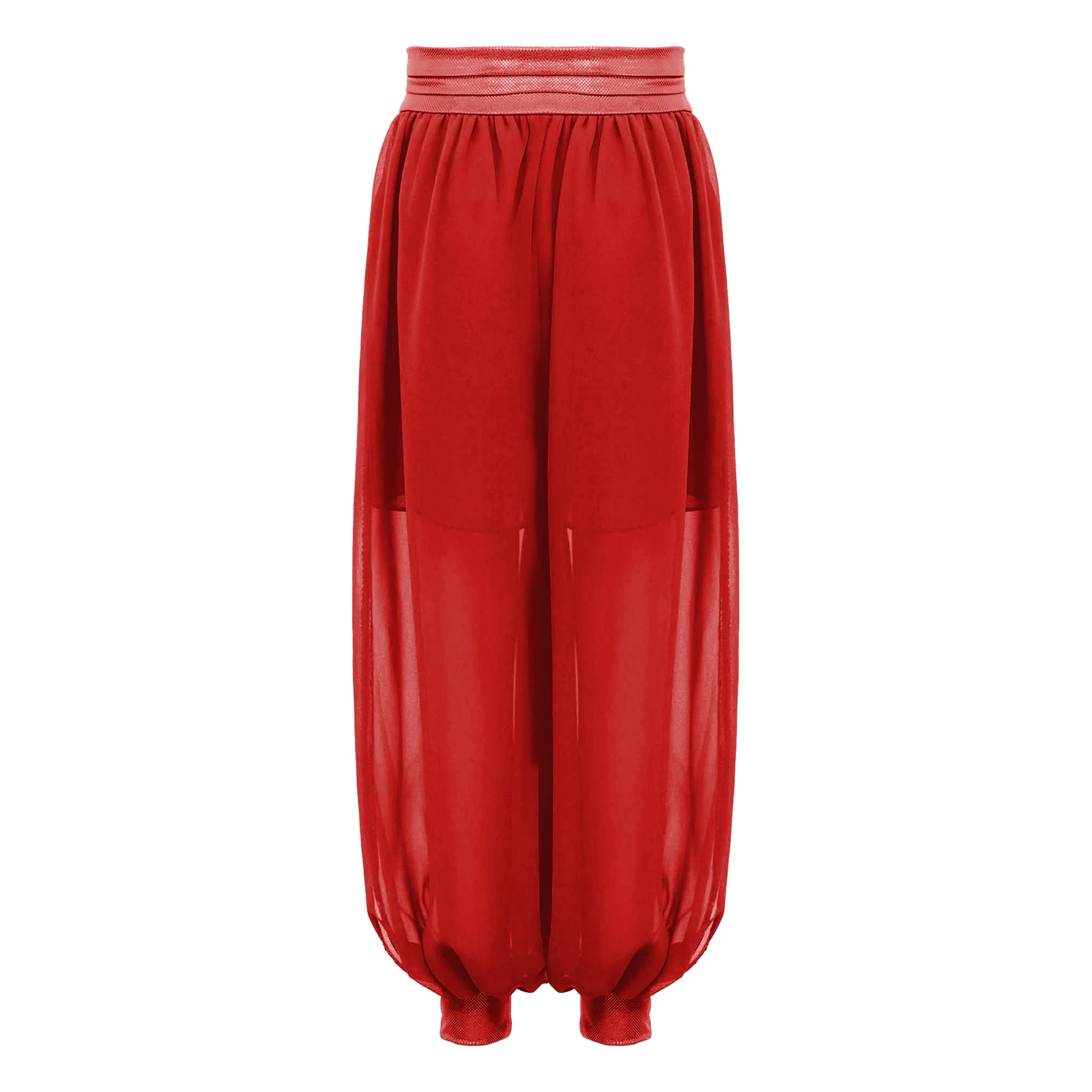 Spodnie do tańca brzucha dla dziewczynek, bloomersy, kostium na Halloween, imprezę tematyczną, karnawał, szyfonowe spodnie z marszczonym pasem z O-ringiem i rozcięciem z boku.