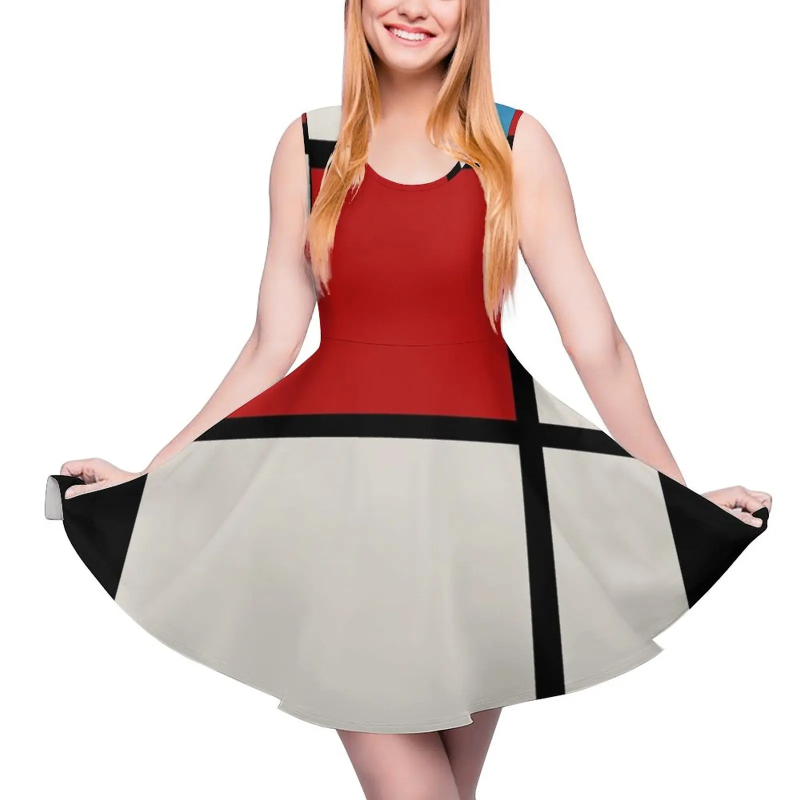 Vestido feminino sem mangas, geometria abstrata, amor de arte, estilo Mondrian, vestido feminino de verão, 2020