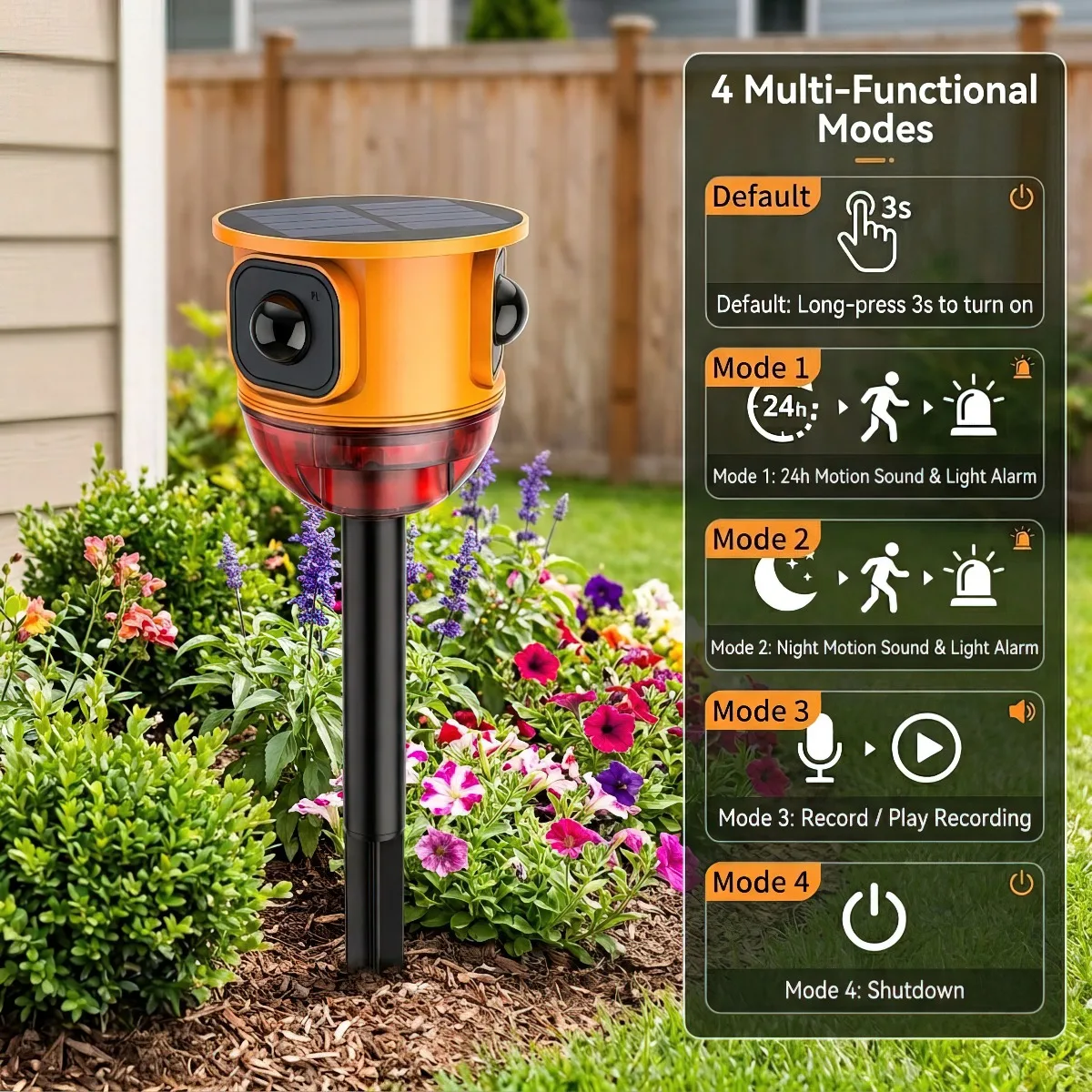 Solar Motion Sensor Security Alarm 120dB with 10 Sounds 360 Degree LED Strobe Waterproof Remote for Farm Fence Yard Alarm System