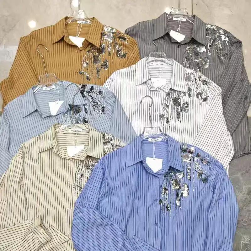 2025年秋新作 スパンコール刺繍シャツ 長袖ストライプブラウス レディース トレンド ルーズカジュアルトップス 女性服