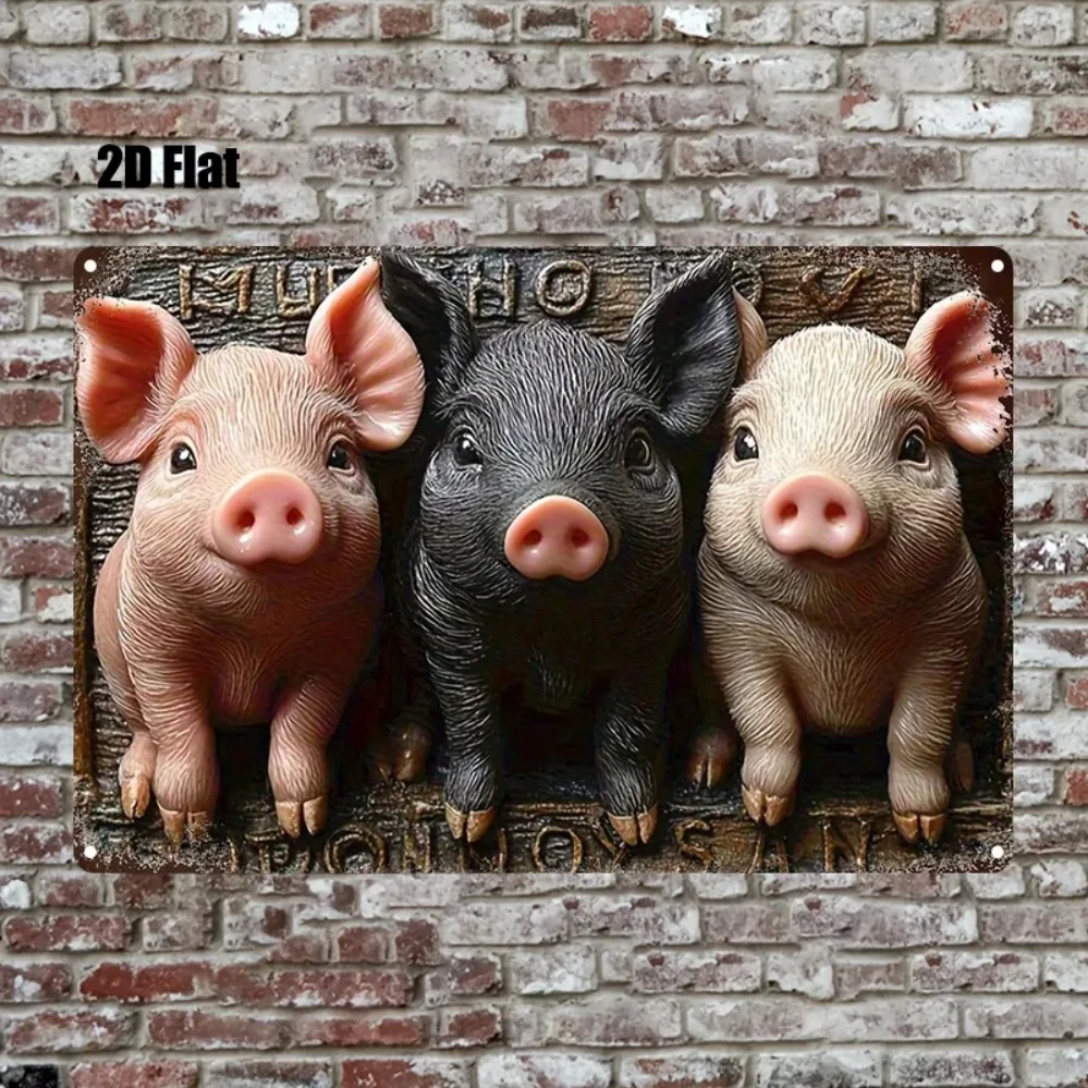 Moderne Metall-Wandkunst |   8x12 Zoll 2D Bauernhaus-Stil Drei Kleine Schweinchen Design |   Rustikales Metallschild für Zuhause, Zimmer, Garten, Badezimmer